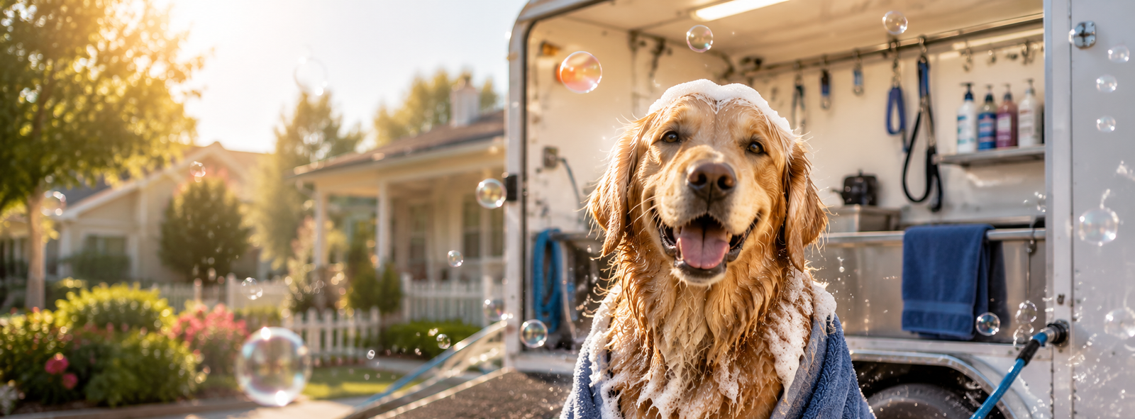 Dog waiting happily for its mobile bath appointment