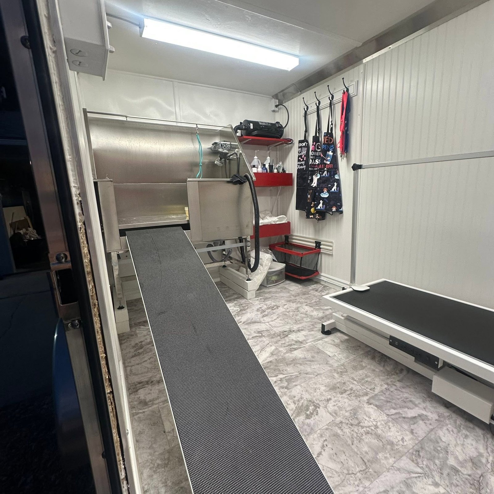 Interior of the Splish Splash mobile grooming trailer